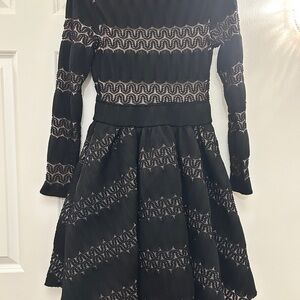 Maje Black Long-Sleeve Fit-and-Flare Dress with Metallic Stitching